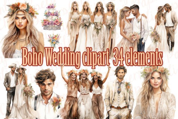 Wedding Couples Clipart: Boho Wedding PNGs for Your Projects